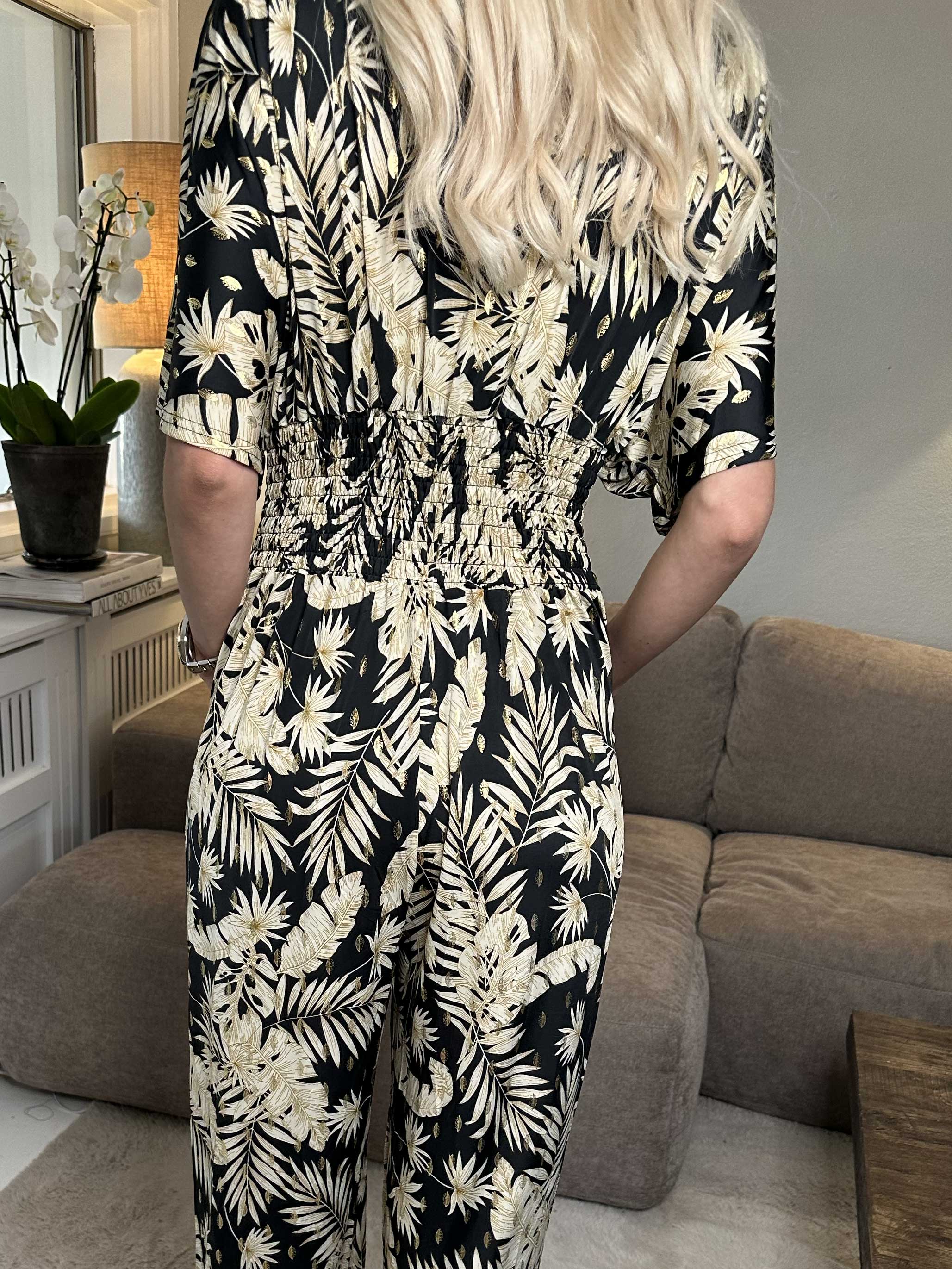 Pams Gold Leaf Jumpsuit - Jumpsuit med resår och bladmönster